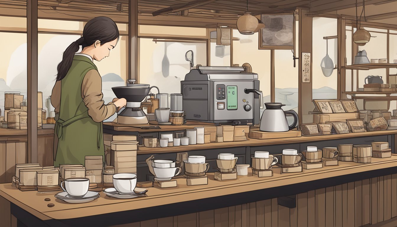 A table displays various Japanese coffee bags and equipment. A person examines the labels, while a steaming cup sits nearby