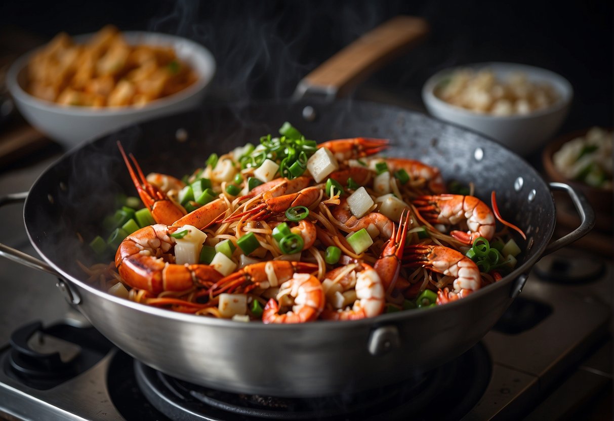 A wok sizzles with ginger, garlic, and chili as a whole lobster is added. The chef tosses it with soy sauce, oyster sauce, and green onions