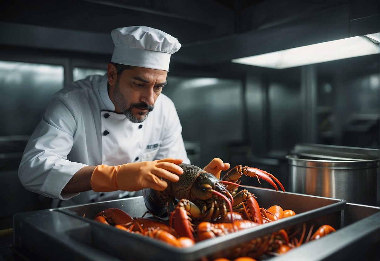 A chef selects a live lobster from a tank, holding it up for inspection before preparing it for a traditional Chinese lobster recipe