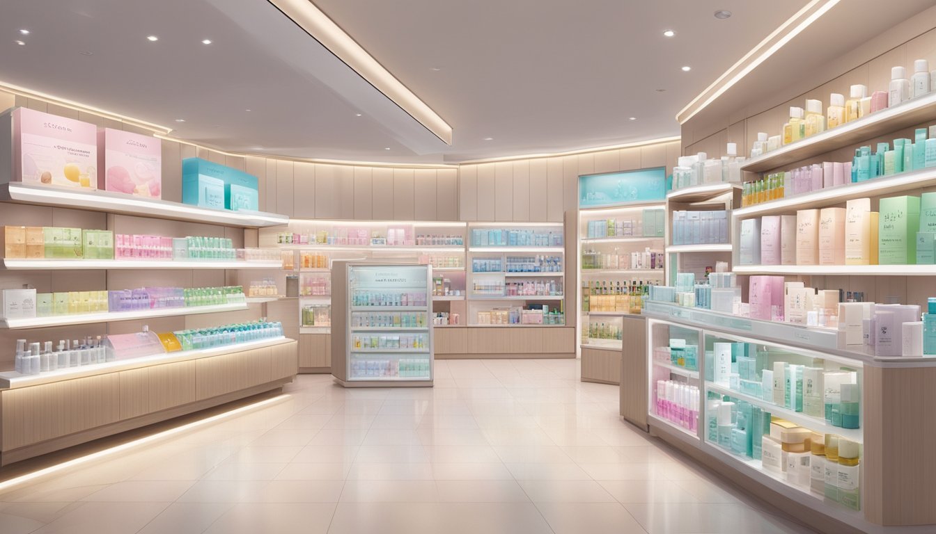 The SAEM skincare products displayed on shelves in a Singaporean store. Bright lighting highlights the various products, with clear signage indicating where to buy