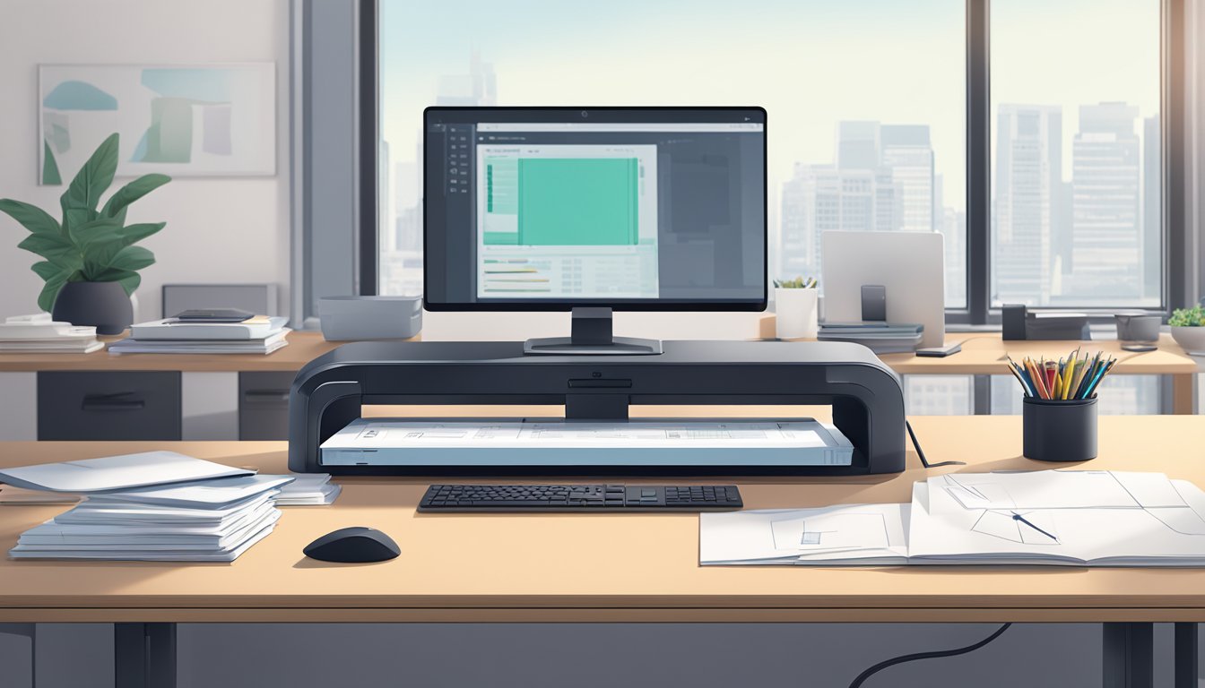 A slide scanner sits on a sleek, modern desk in a well-lit room, surrounded by neatly organized slides and a computer ready for use