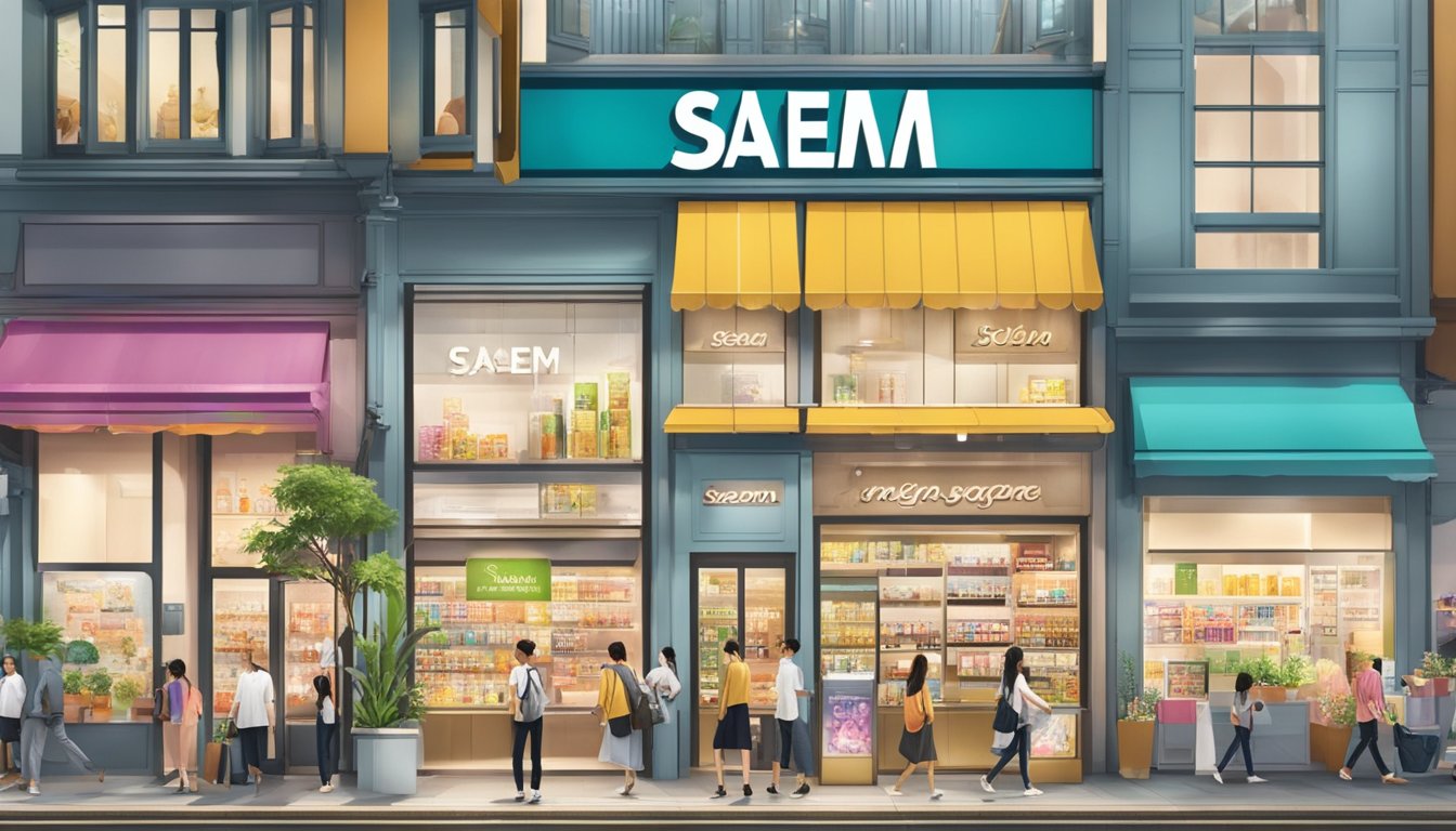The bustling streets of Singapore showcase The SAEM storefront, with vibrant signage and a display of sought-after products