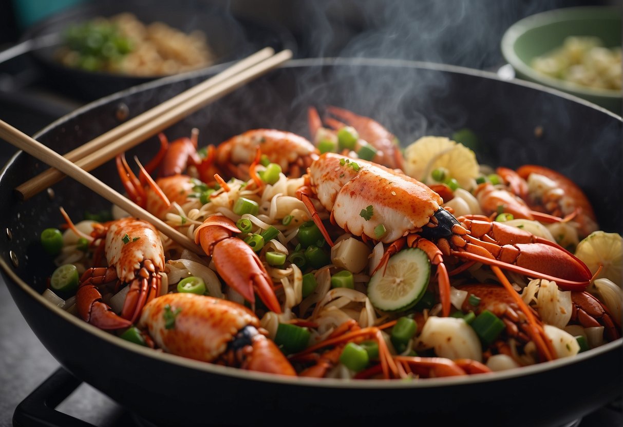 Lobster being stir-fried in a wok with ginger, garlic, and scallions, then simmered in a savory sauce