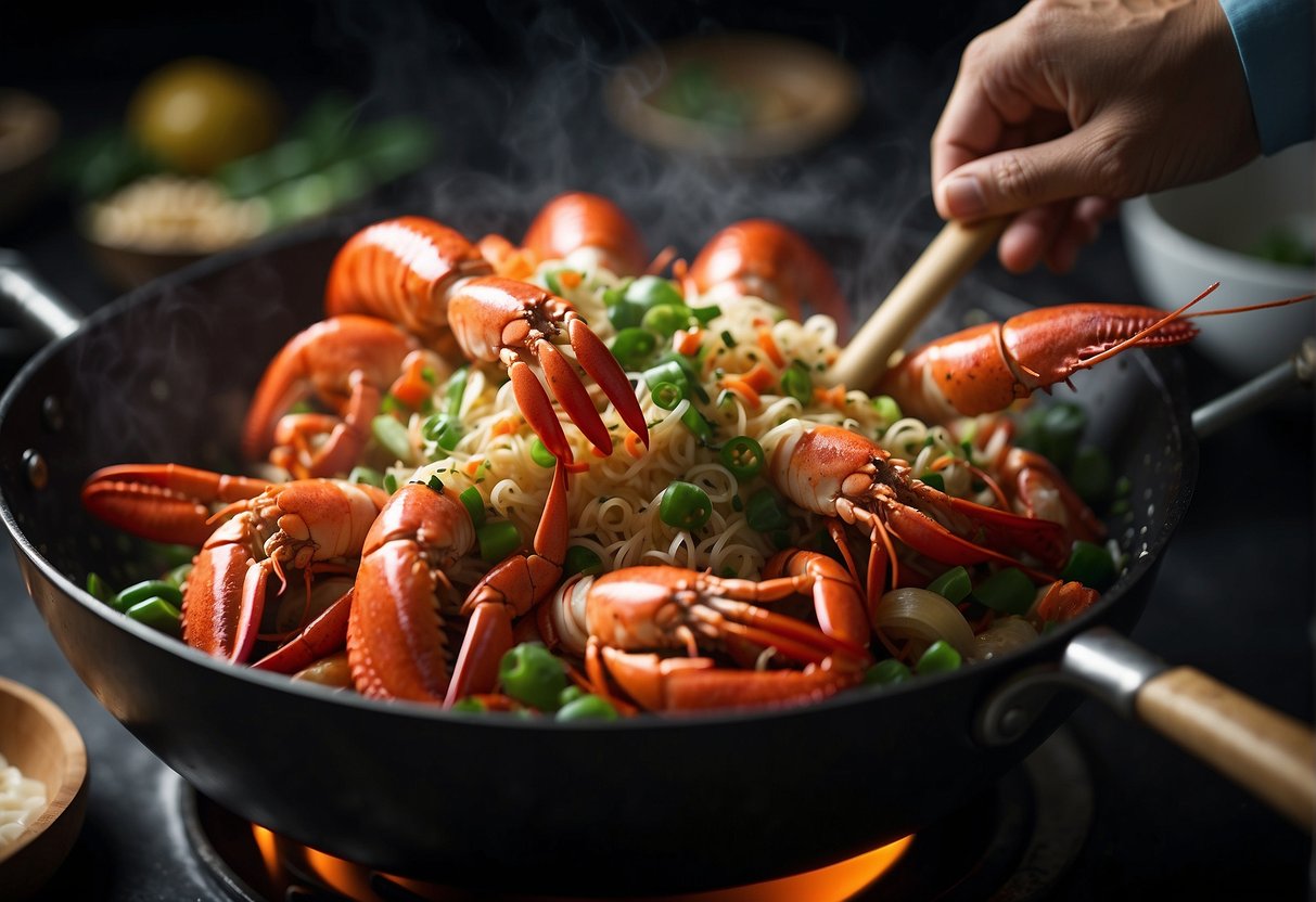A chef tosses fresh lobster in a wok with ginger, garlic, and scallions, then adds soy sauce and cornstarch to create a glossy sauce