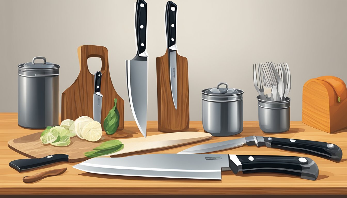 A variety of sleek, high-quality knives displayed on a wooden cutting board, with a chef's hat and apron nearby