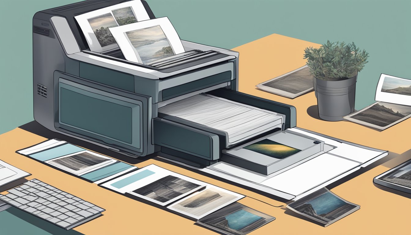 A hand places a stack of old photographs into a sleek slide scanner, with a computer screen displaying the digital transformation of each image