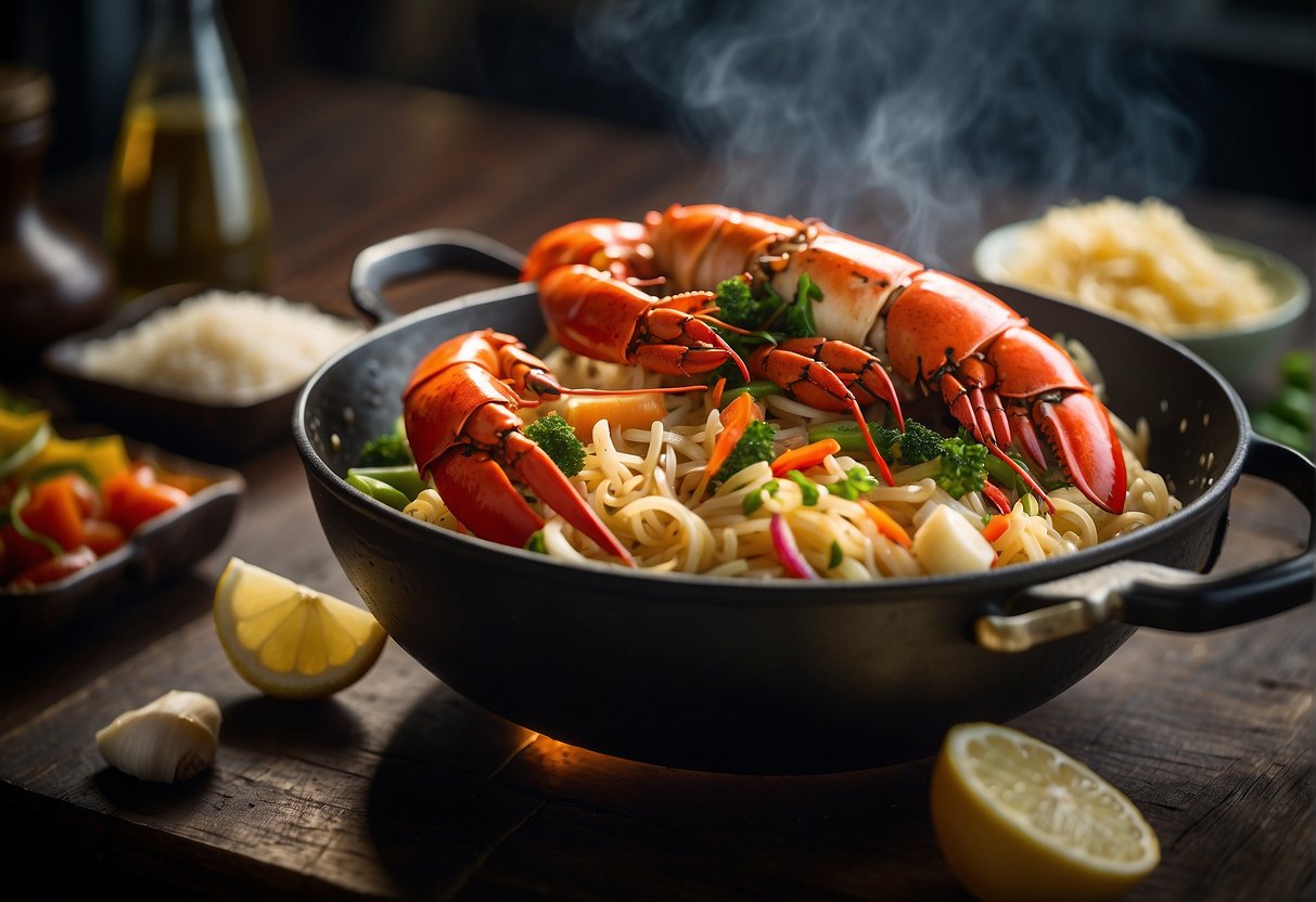 A large wok sizzles with ginger, garlic, and soy sauce as a whole lobster is added, symbolizing the cultural significance of the Chinese lobster recipe