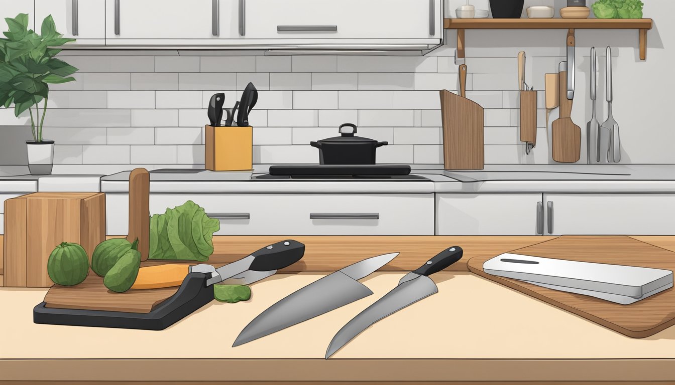 A knife block sits on a clean, organized kitchen counter. A sharpening steel and cutting board are nearby, ready for use