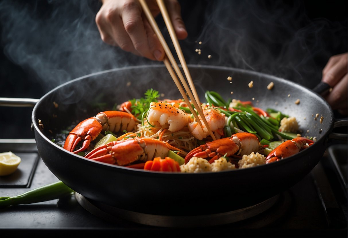 A steaming wok sizzles with fresh lobster, ginger, and scallions, while a chef adds a splash of soy sauce and tosses the ingredients with a pair of chopsticks