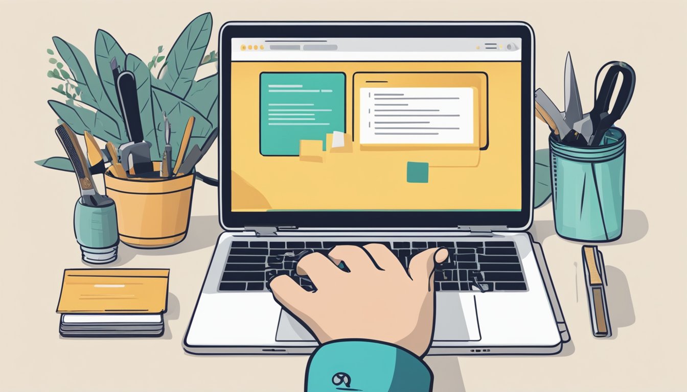 A laptop open on a desk, with a website displaying various knife sets. A hand reaching for a mouse to click on the "Frequently Asked Questions" tab