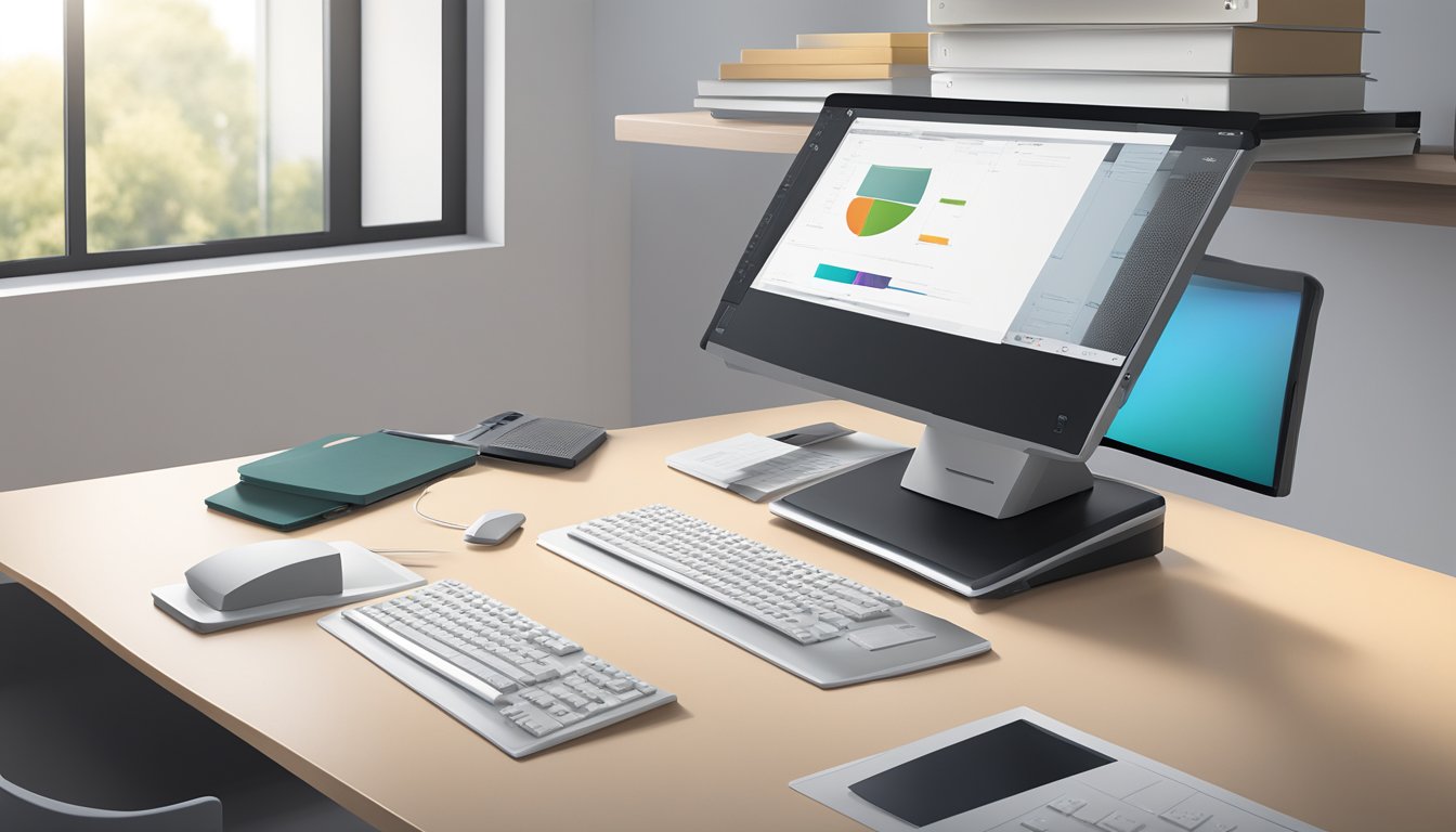 A slide scanner sitting on a sleek, modern desk with a computer monitor and keyboard nearby. The scanner is turned on and ready to use, with a stack of slides next to it