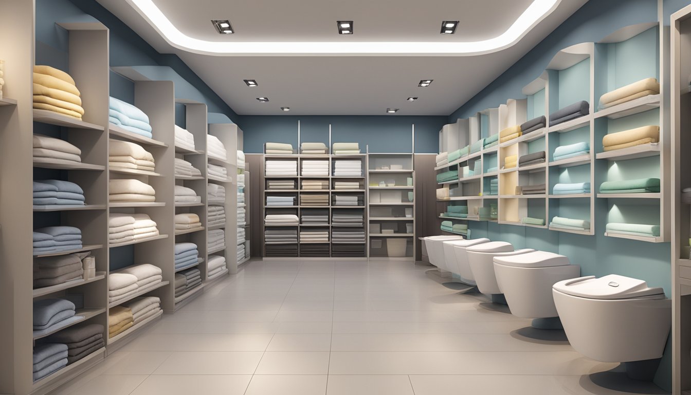 A display of toilet seat covers on shelves in a Singapore store. Bright lighting highlights various brands and designs