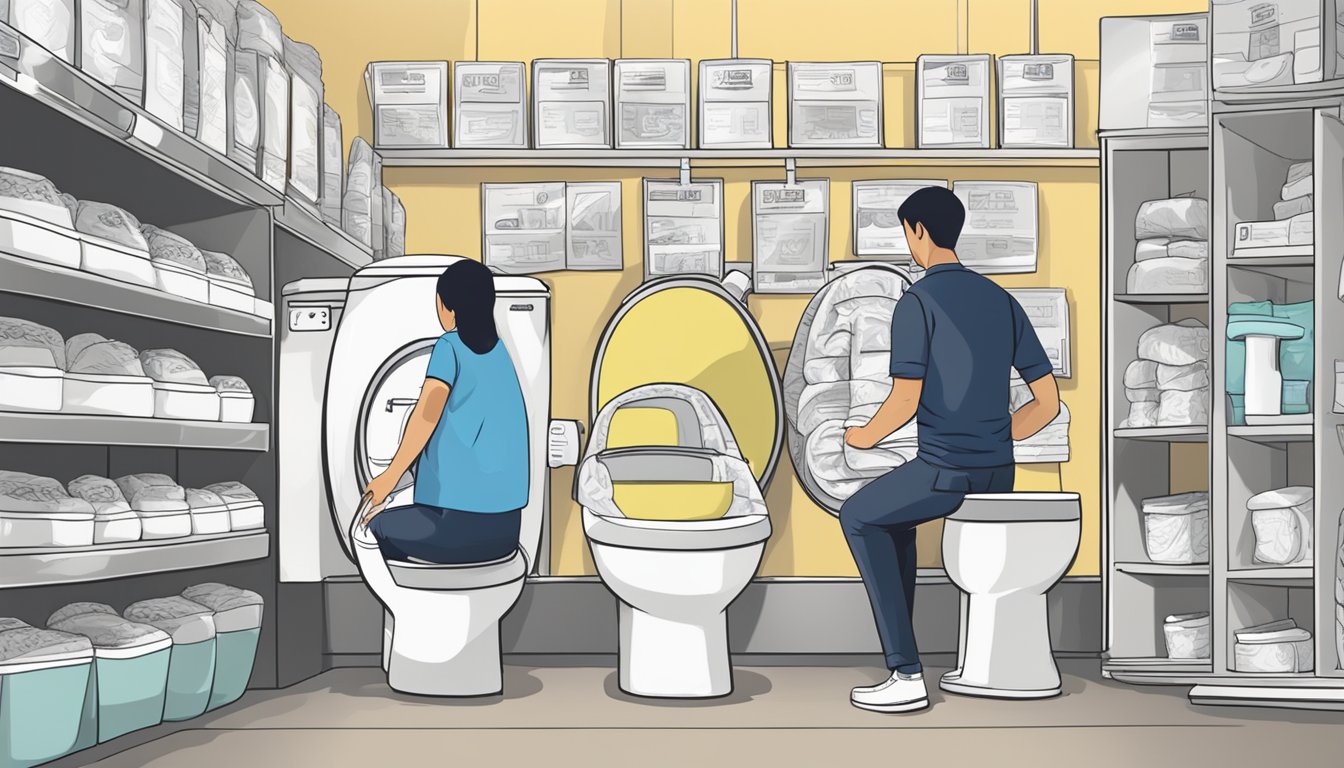 A customer browsing through a variety of toilet seat covers at a store in Singapore, with a sign indicating "Frequently Asked Questions" prominently displayed