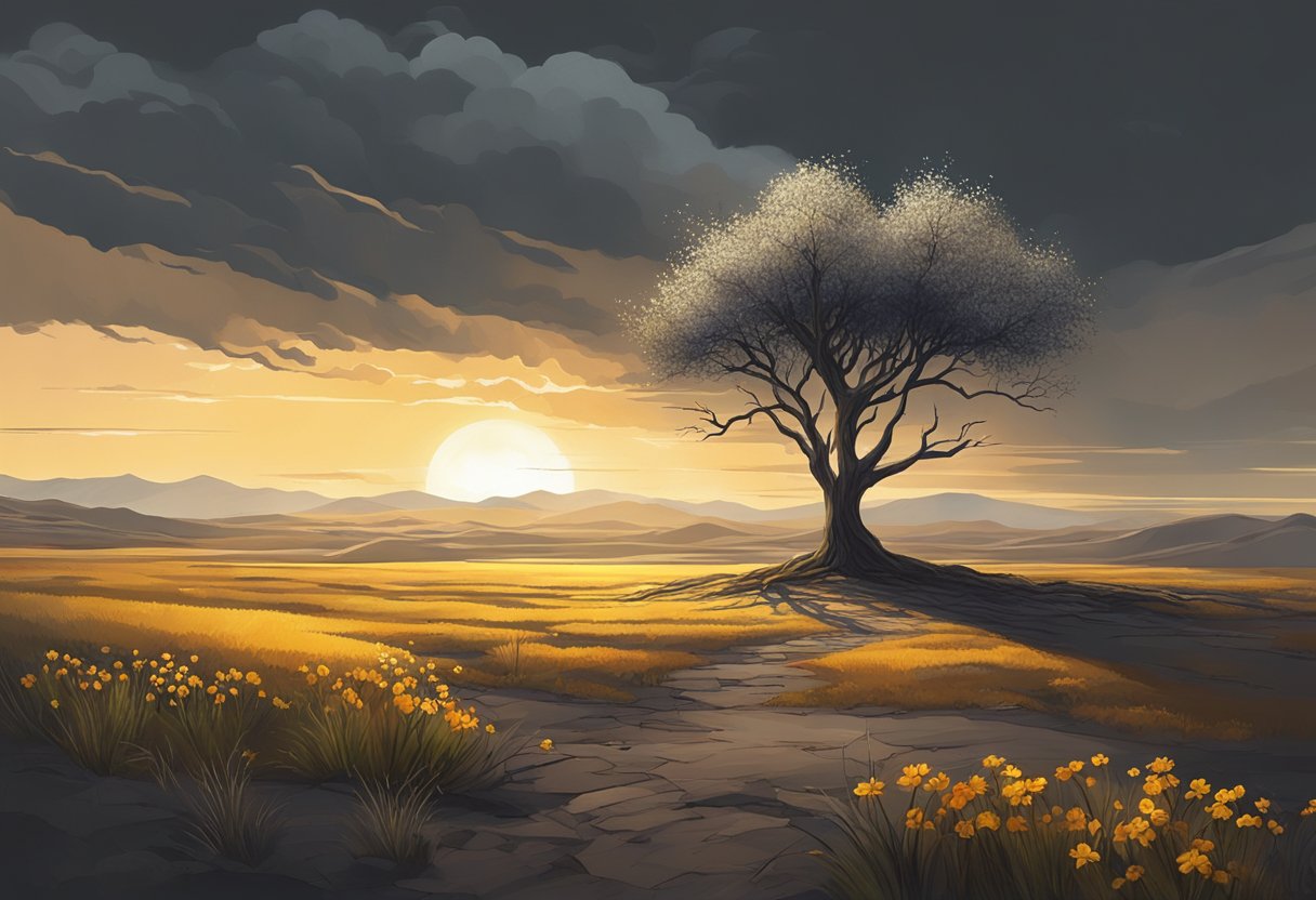 A barren land with wilted flowers, a lone tree struggling to grow, and dark clouds parting to reveal a ray of sunlight