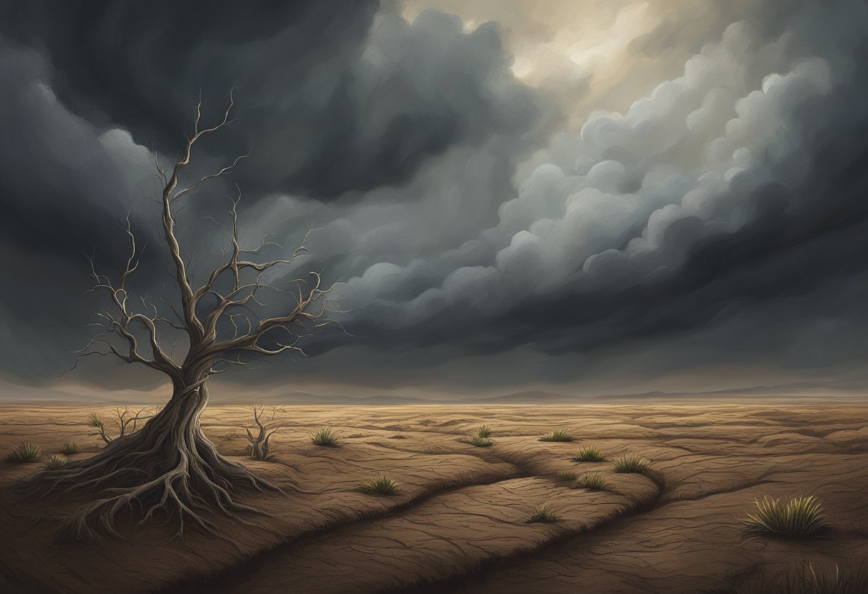 A desolate landscape with wilted plants, dry soil, and a dark, stormy sky overhead, symbolizing the struggle and despair of barrenness in ministry prayers