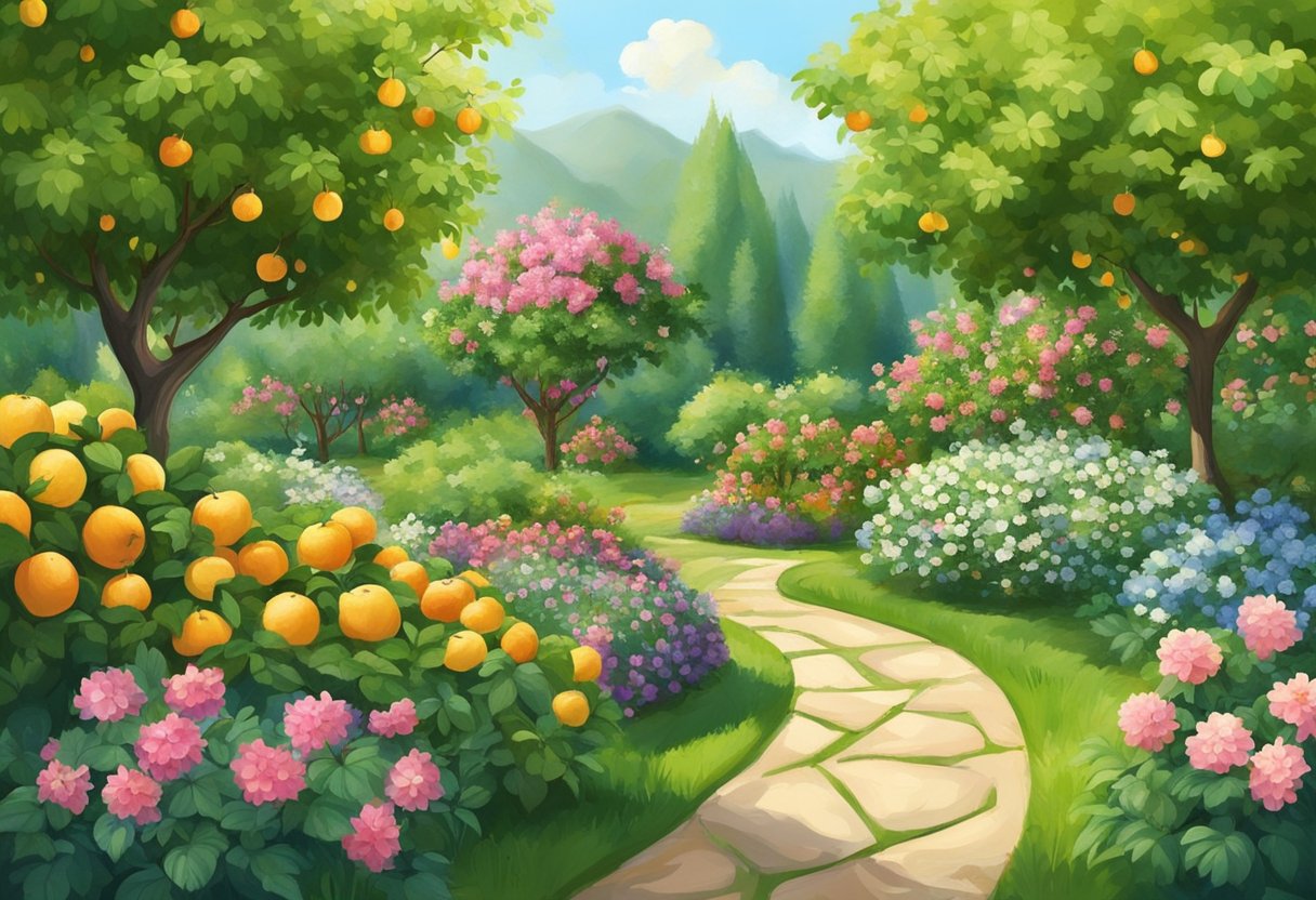 A lush garden with blooming flowers and abundant fruit trees, surrounded by a peaceful and serene atmosphere, symbolizing fertility and fruitfulness