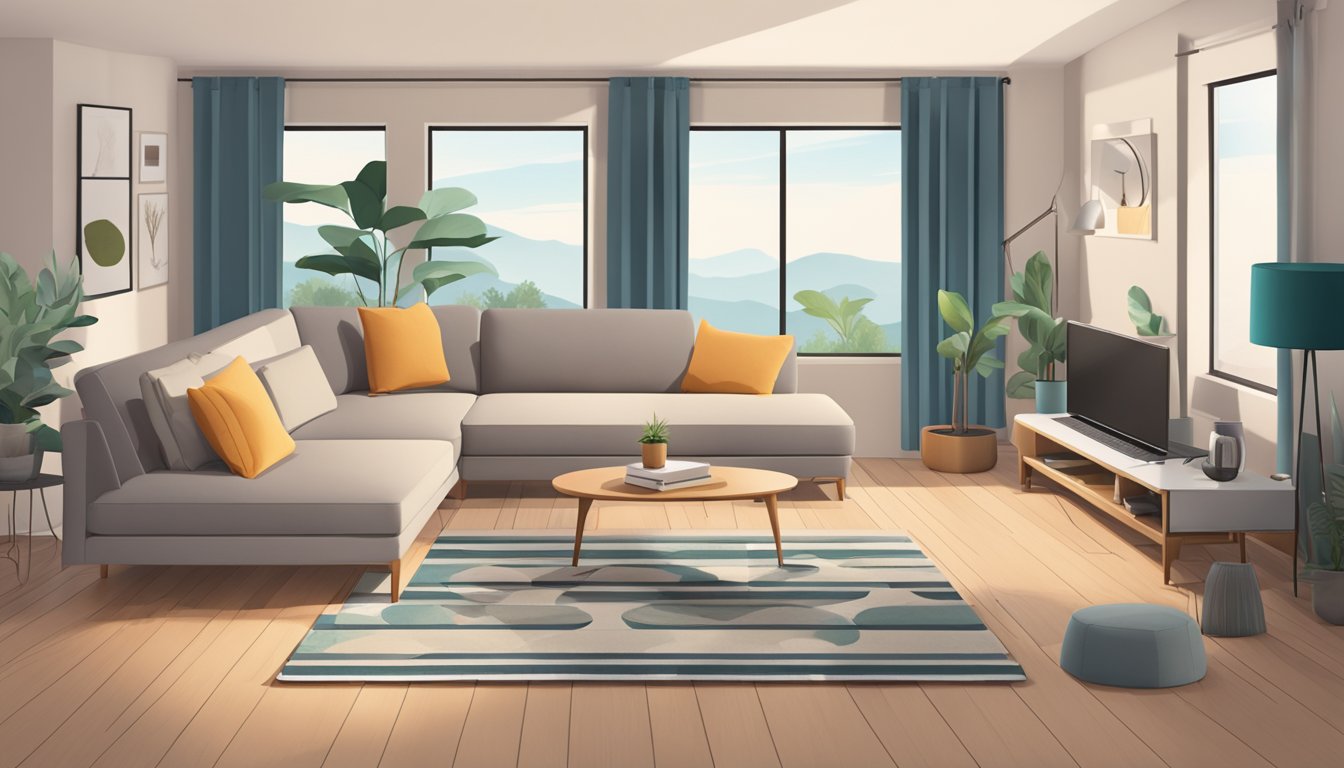A cozy living room with a modern L-shaped sofa, a coffee table, and a stylish rug. A laptop or tablet with "Frequently Asked Questions buy l shape sofa online" displayed on the screen