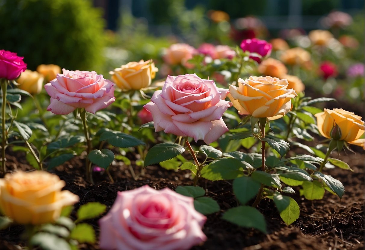 Cedar mulch surrounds healthy, vibrant roses in a well-tended garden bed