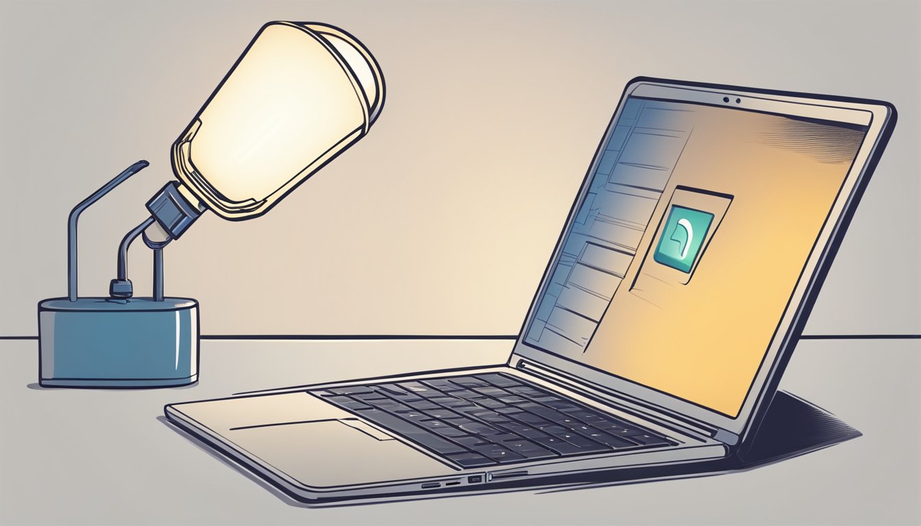 A hand clicks "buy" on a laptop, with a lampshade displayed on the screen