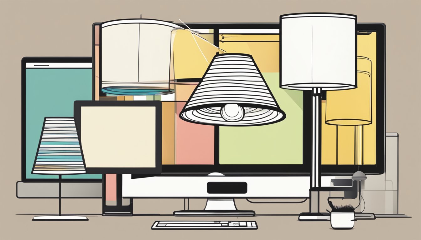 A computer screen displaying various lampshade options with a cursor clicking on a "buy now" button