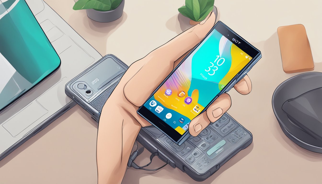 A hand holding a Sony Xperia phone while browsing an online store