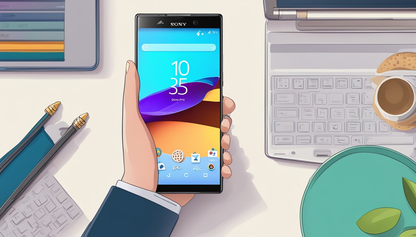 A hand reaches for the sleek Sony Xperia phone displayed on a vibrant digital screen, with the words "sony xperia buy online" prominently featured