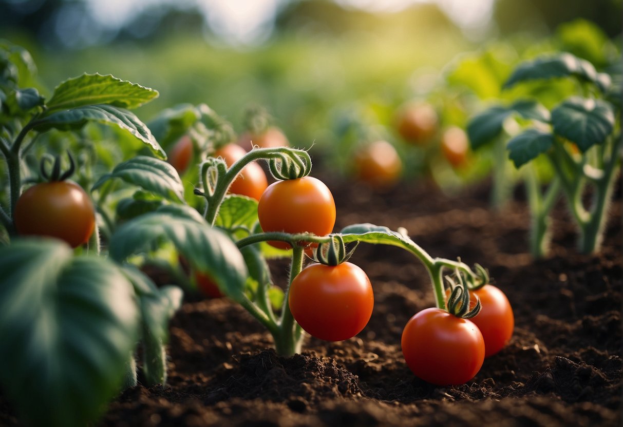Lush tomato plants thrive with Miracle Grow, surrounded by rich, fertile soil and receiving ample sunlight