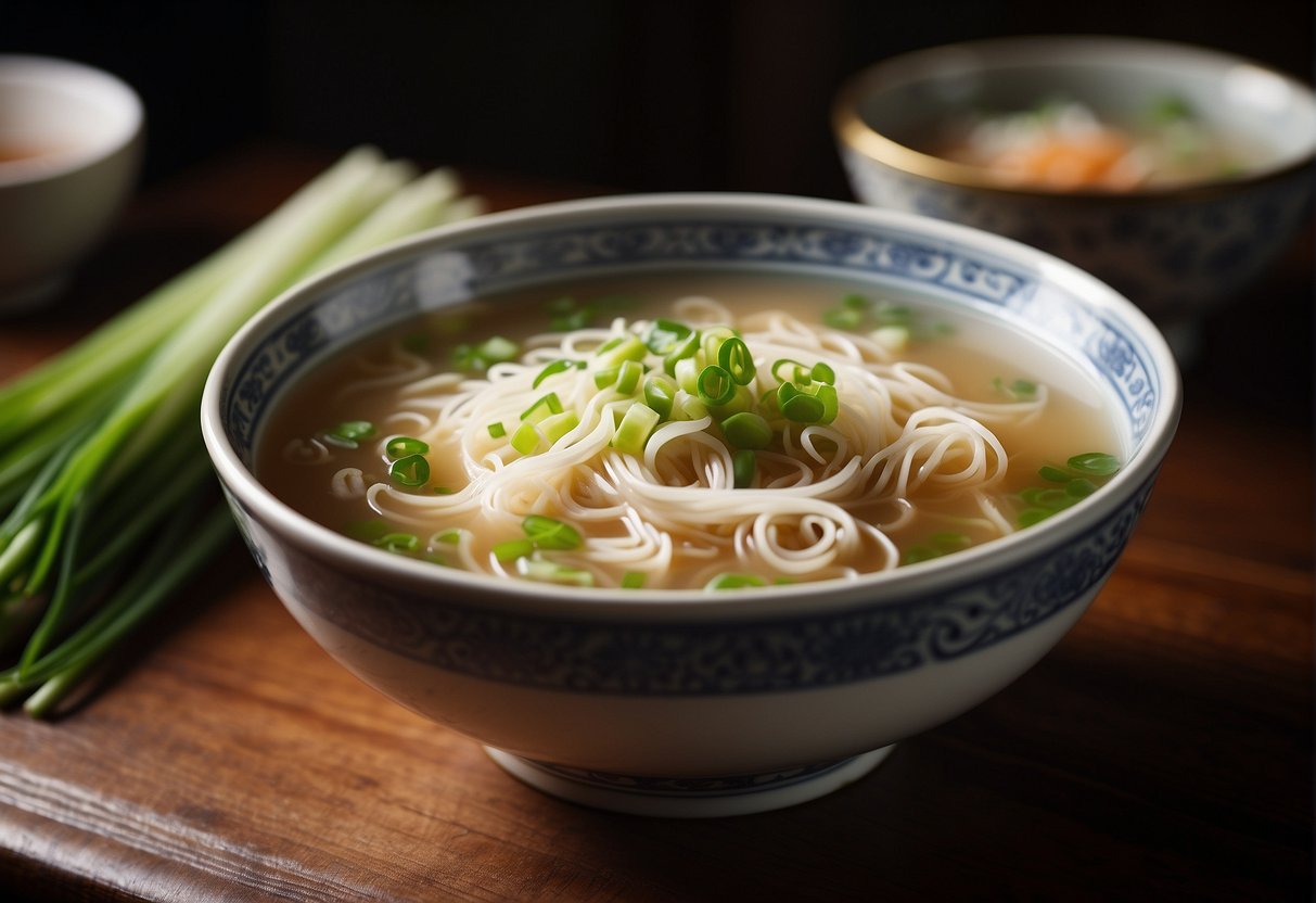 A steaming bowl of Chinese long soup with thin noodles, tender slices of meat, and fresh green onions, served in a traditional ceramic bowl on a wooden table