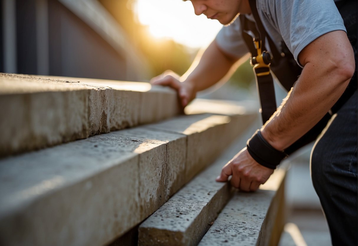 A person sets wooden posts in concrete, measuring and leveling for a handrail on outdoor steps