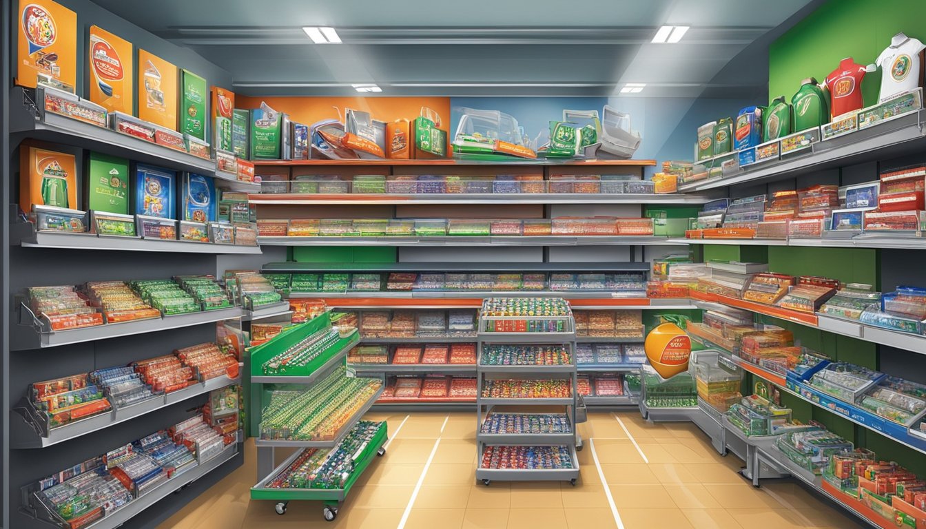 A bustling sports store in Singapore displays a variety of Subbuteo sets and accessories, with colorful packaging and enthusiastic signage