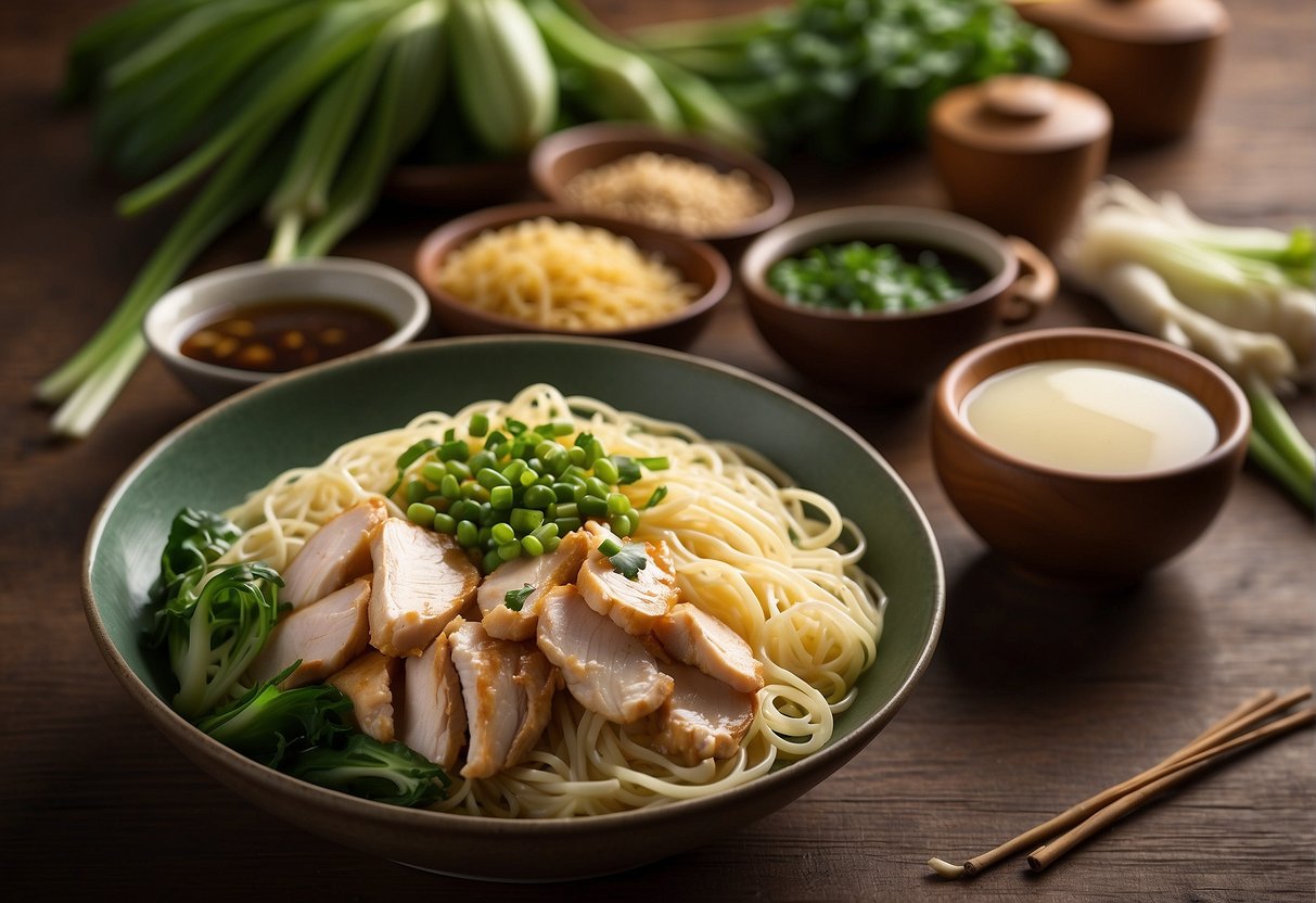 A table with ingredients: chicken broth, noodles, sliced chicken, bok choy, green onions, ginger, soy sauce, and sesame oil