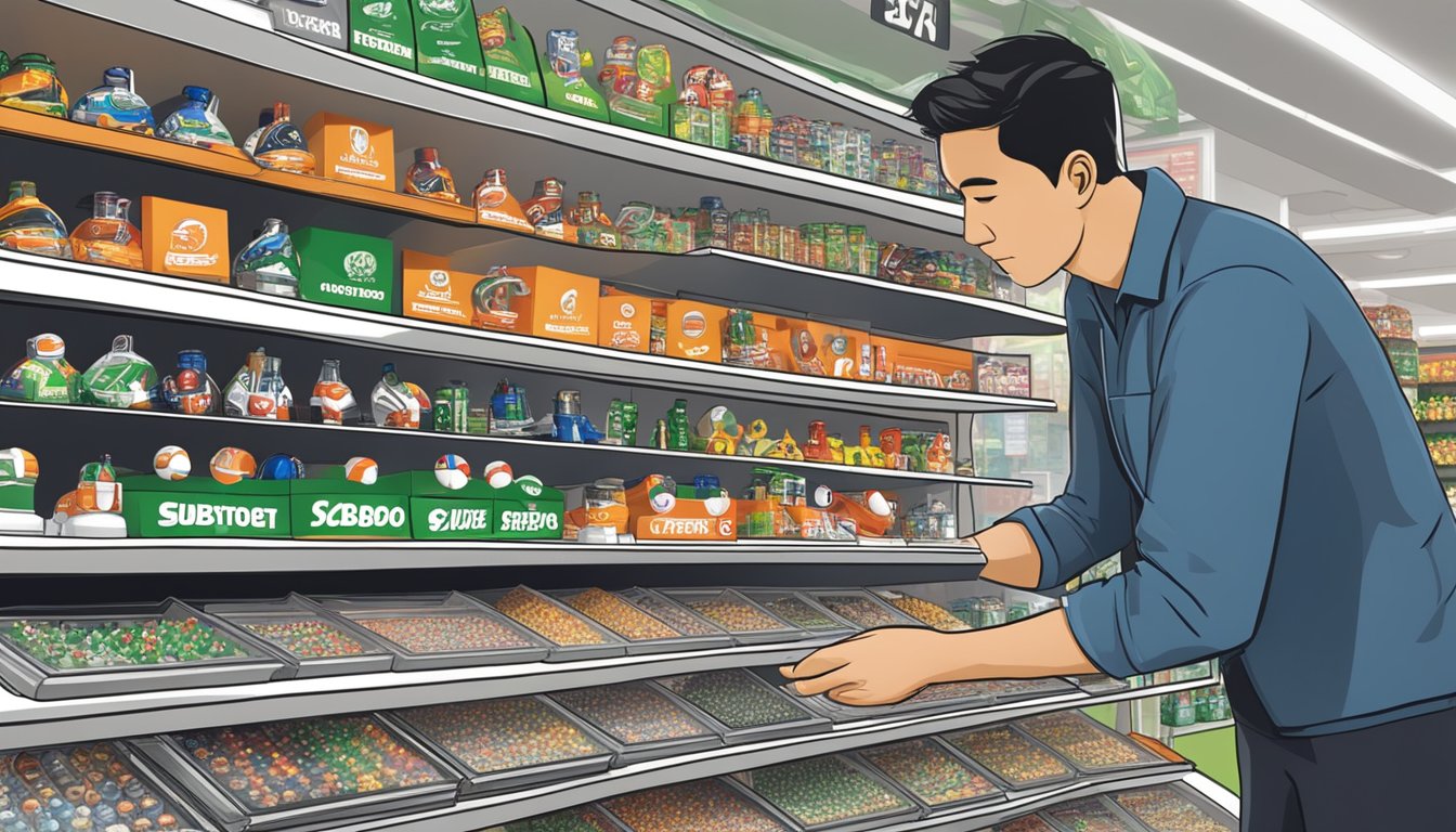 A person carefully selects a Subbuteo set from a display in a Singapore store. The shelves are filled with various options, and the customer is focused on finding the perfect one