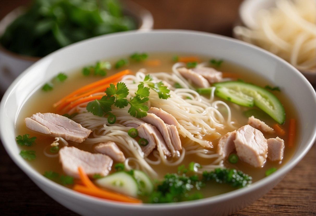 A steaming bowl of Chinese long soup with thin noodles, sliced vegetables, and tender pieces of chicken or beef in a clear, flavorful broth