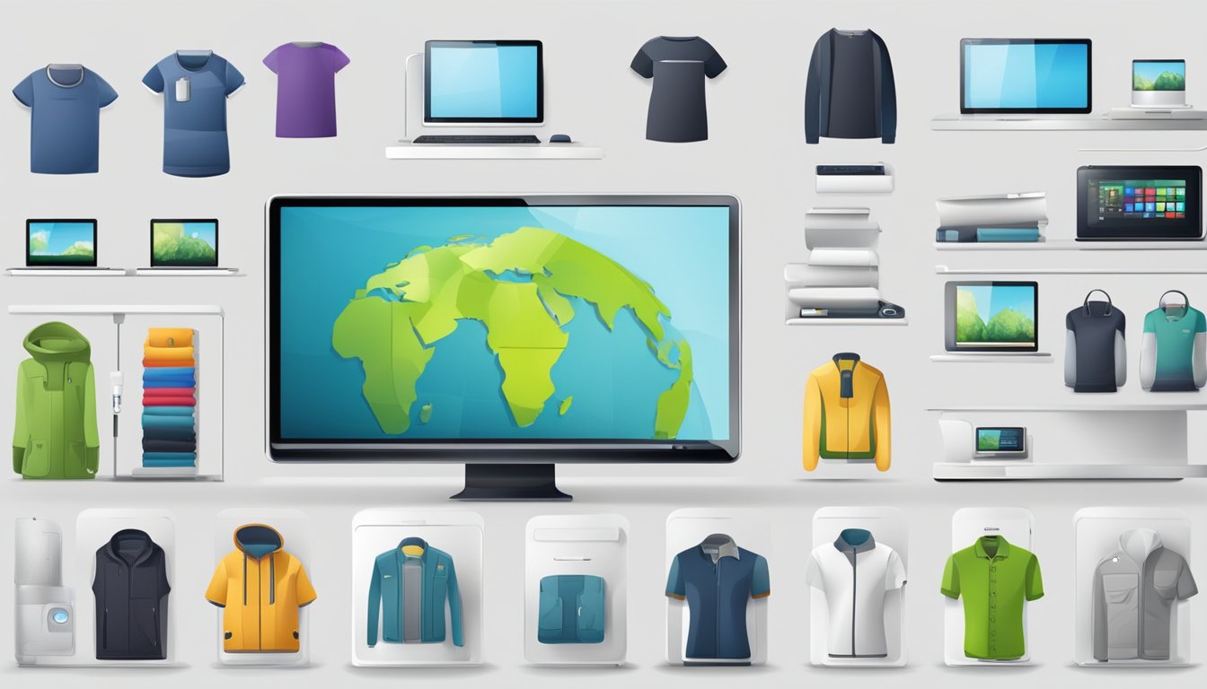 Various products displayed on digital screens, from clothing to electronics, with user-friendly interfaces for easy browsing and purchasing