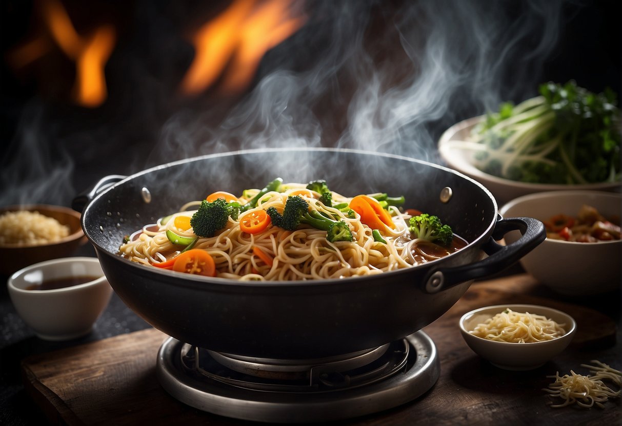 Sizzling wok with steaming broth, adding delicate noodles and fresh vegetables, seasoned with soy sauce and fragrant spices