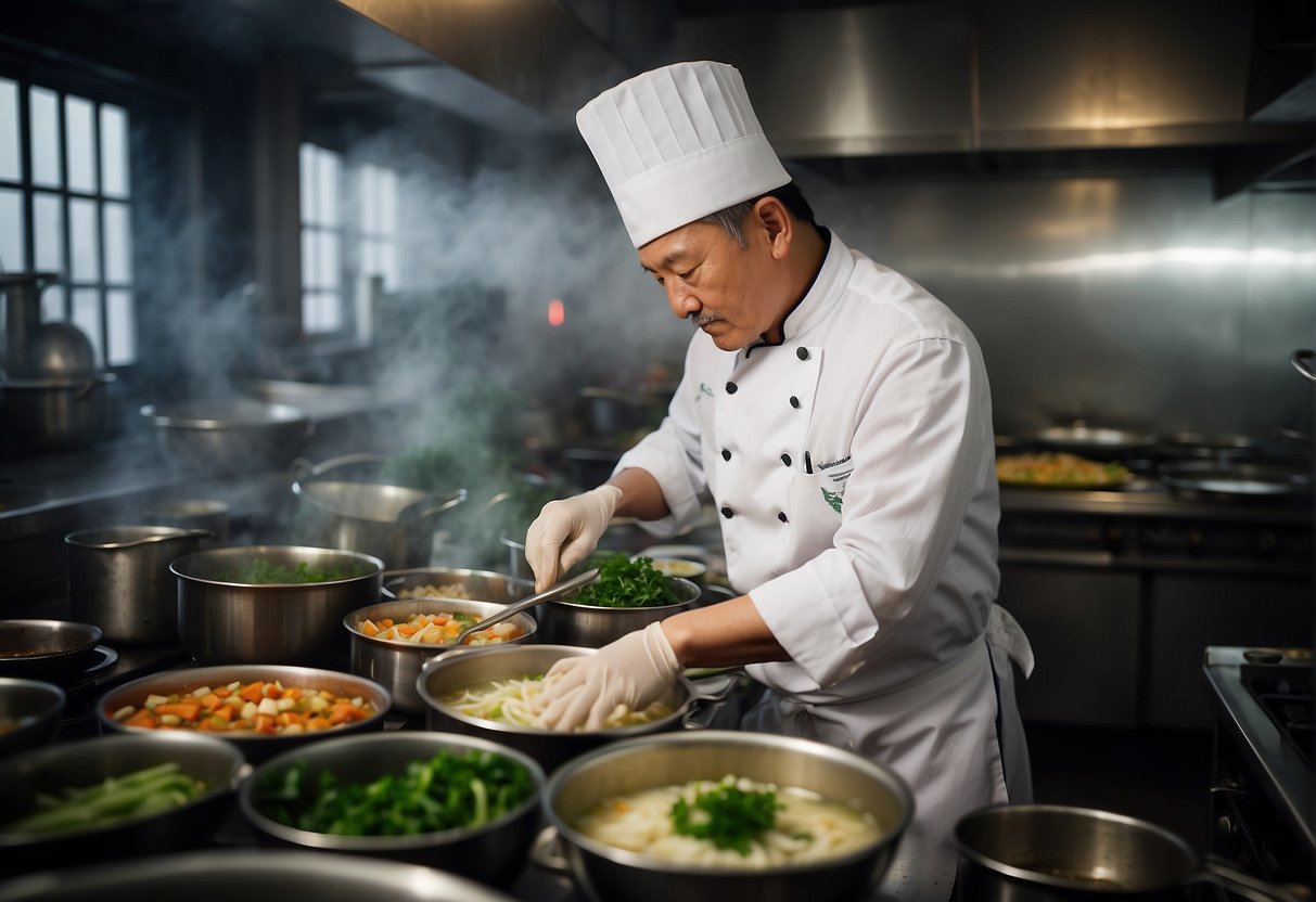 A chef adjusts ingredients while preparing Chinese long soup, with various dietary needs in mind