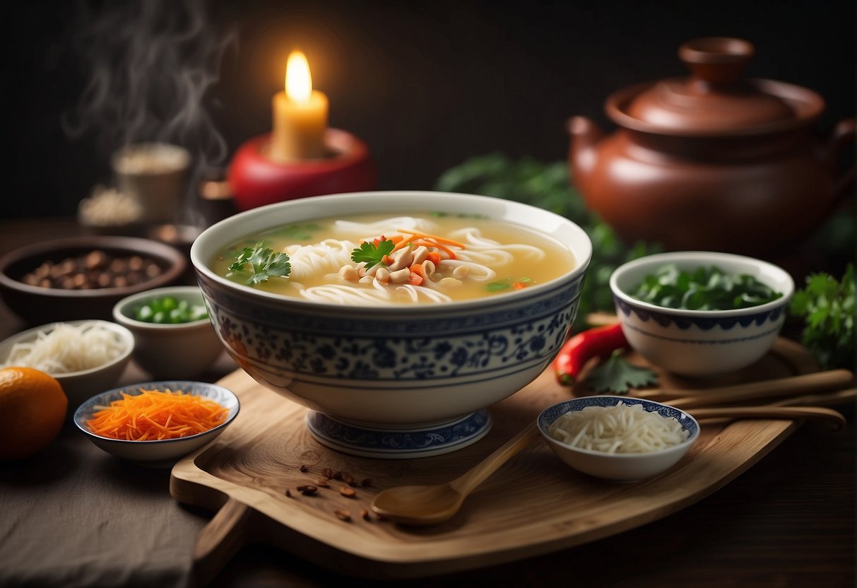 A table set with traditional Chinese long soup ingredients for a festive occasion, symbolizing cultural significance