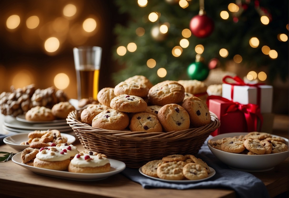 A table adorned with an assortment of gluten-free treats, including baked goods, snacks, and specialty ingredients. A festive ribbon tied around a basket adds a touch of holiday cheer