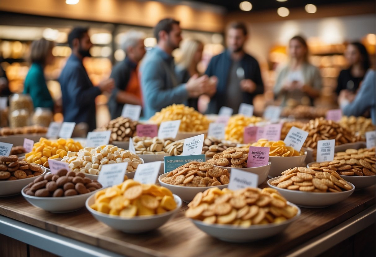 A table filled with colorful packages of gluten-free snacks and treats, surrounded by excited customers sampling and purchasing the products