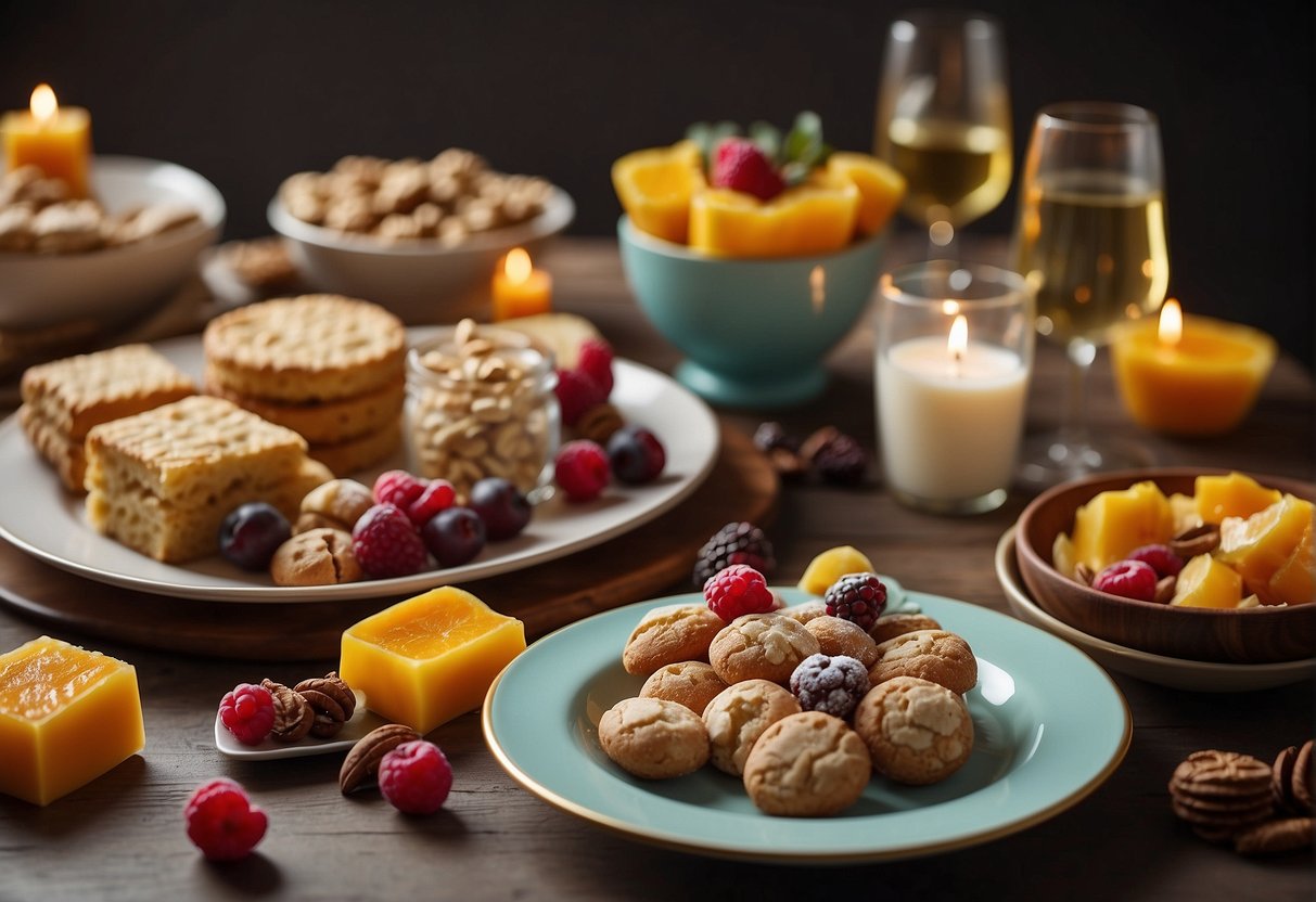 A festive table adorned with an array of gluten-free treats and gifts, including colorful packages and a variety of delicious foods
