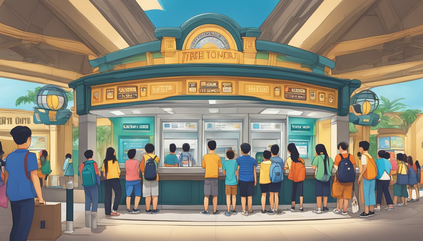 Visitors line up at Universal Studio Singapore ticket counter for buy 1 free 1 promotion. Excitement fills the air