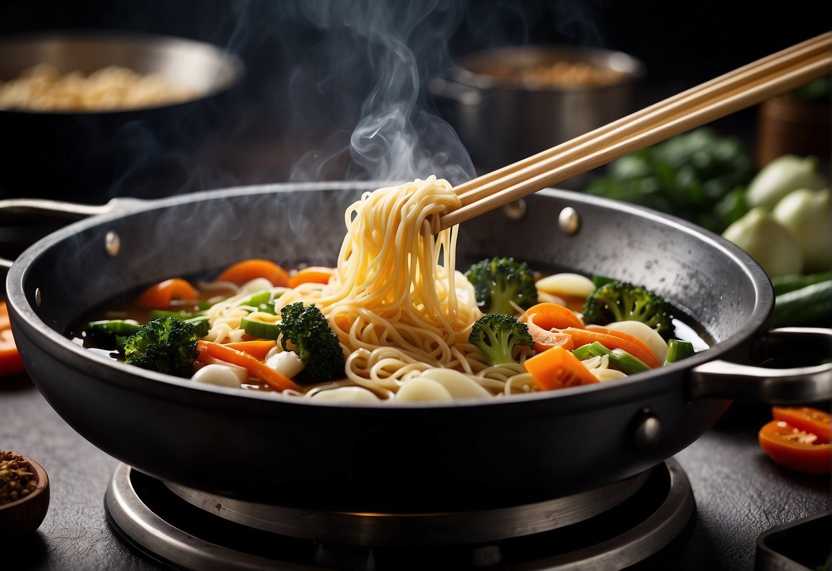 A wok sizzles with garlic, ginger, and vegetables. Broth is poured in as steam rises. Noodles are added and the soup simmers, ready to serve