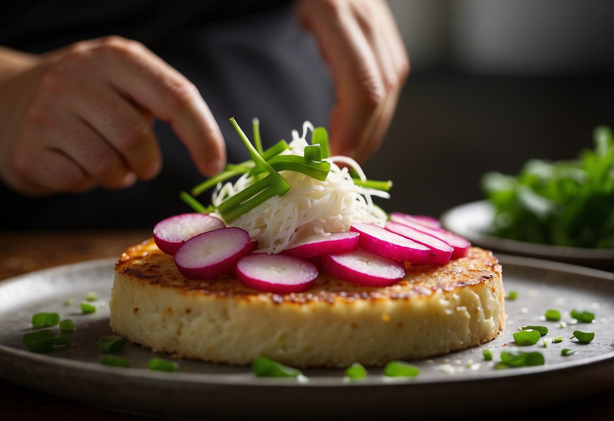 A chef grates radishes, mixes with rice flour, and steams. Soy sauce and green onions top the golden brown radish cake