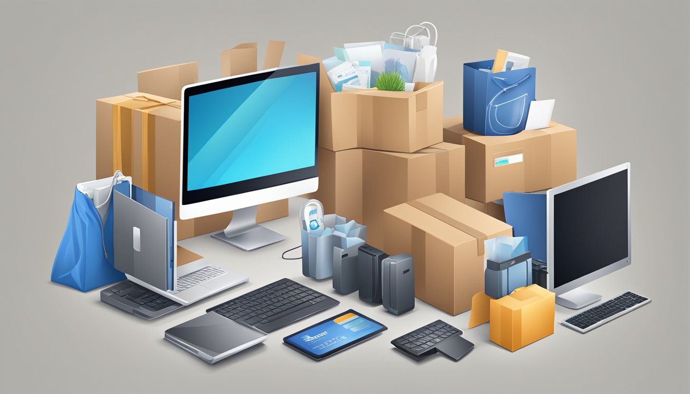 Various items like electronics, clothing, and household goods arranged around a computer and credit card, with a package being delivered at the door