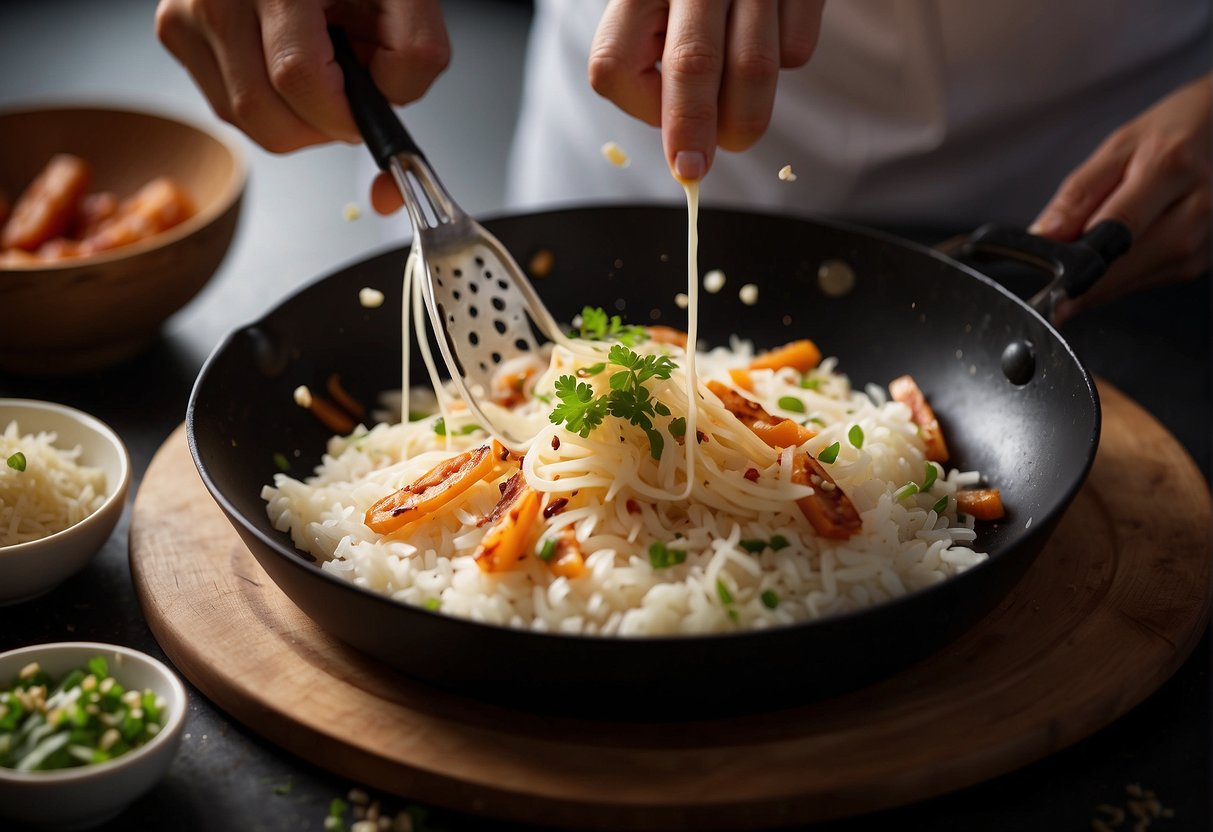 A chef grates daikon and stirs it into a batter with rice flour, adding savory ingredients like dried shrimp and Chinese sausage. The mixture is steamed in a pan, then cooled and sliced into squares before being pan-fried to a golden