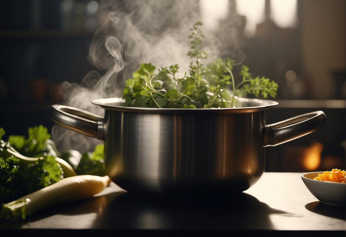 A pot bubbles with broth, surrounded by fresh vegetables, herbs, and spices. Steam rises as a ladle stirs the fragrant mixture