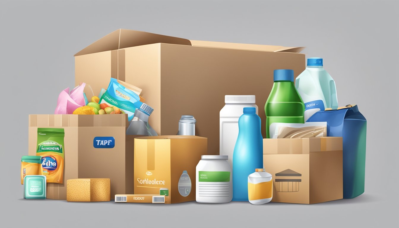 Various essential items such as groceries, household supplies, and personal care products being ordered online and delivered to a doorstep