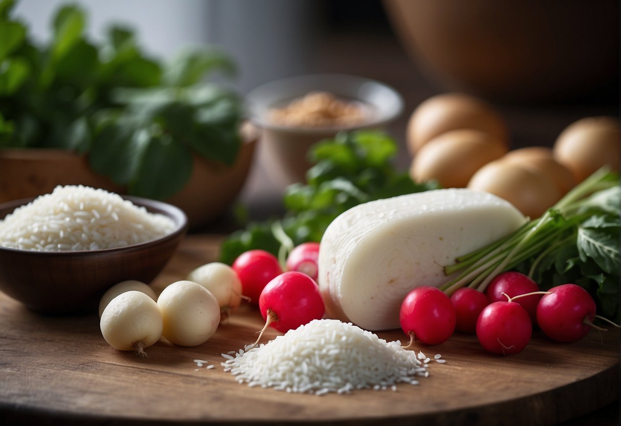 A table with radishes, flour, rice flour, and other ingredients for Chinese radish cake. Substitutions like turnips and carrots nearby