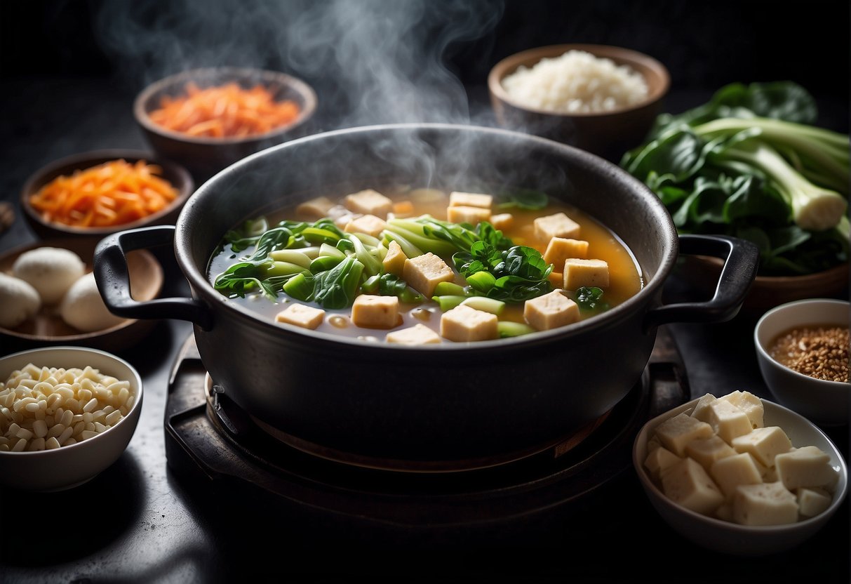A steaming pot of Chinese soup simmering on a stove, surrounded by various fresh ingredients like bok choy, mushrooms, and tofu