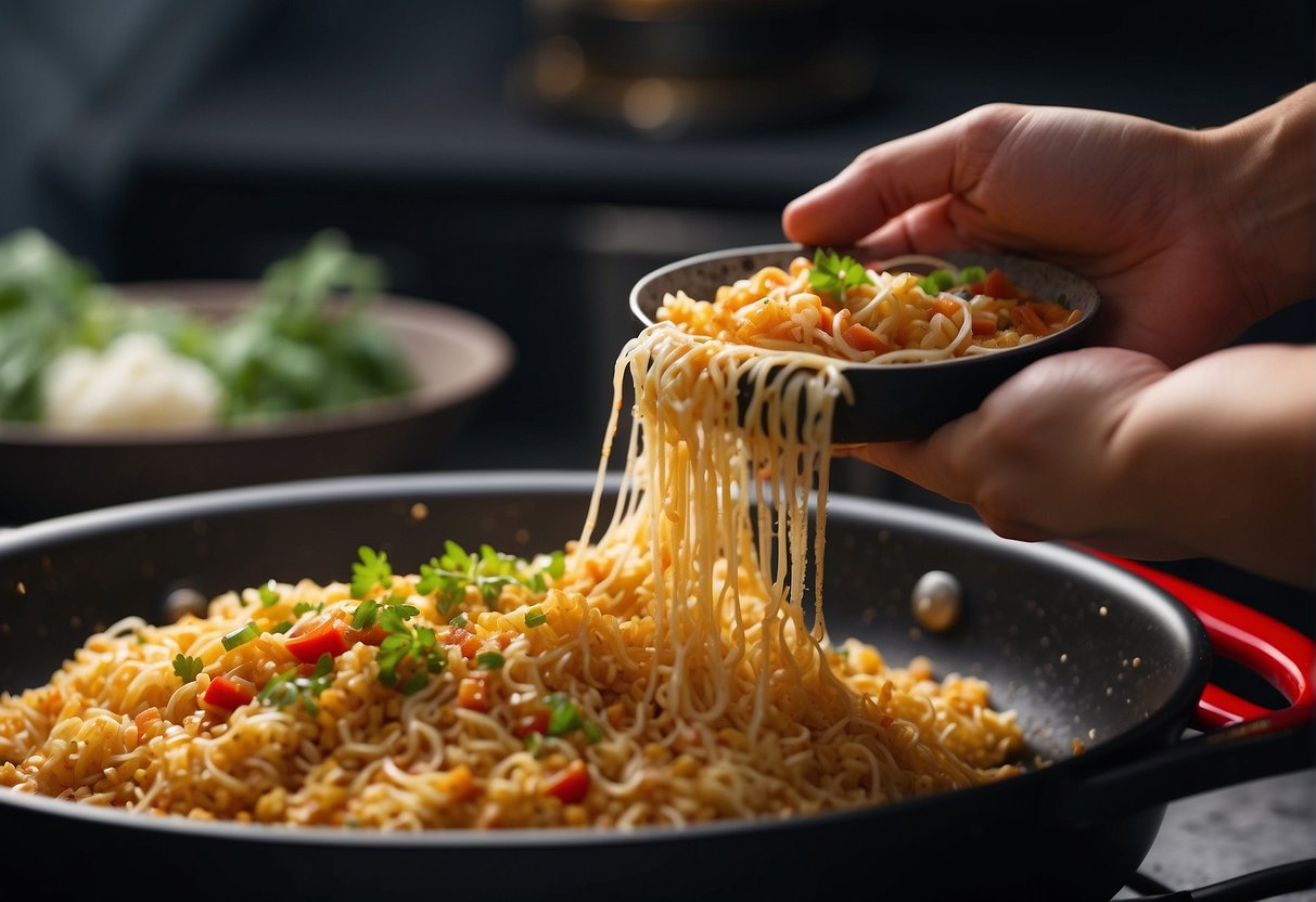 Grating and mixing radish with flour and seasoning. Stir-frying in a pan until golden brown. Plating and garnishing with scallions and chili sauce